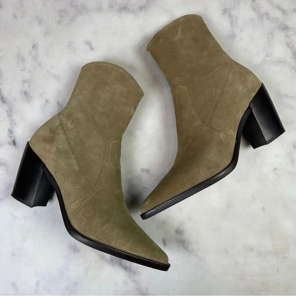 Jeffrey Campbell Jolena Tobacco Suede Ankle Boots Pointy Toe Stacked Heel Sz 8.5